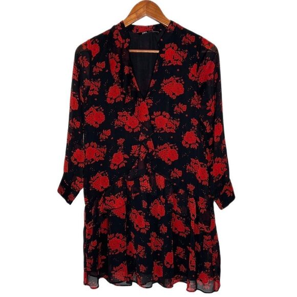 Zara Rose Floral Print Black Red Tiered Ruffle Dress - Picture 2 of 9